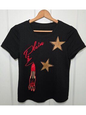 Philipp Plein Womens Rhinestone Embelished Tee Size S Lipstick Rocket Stars